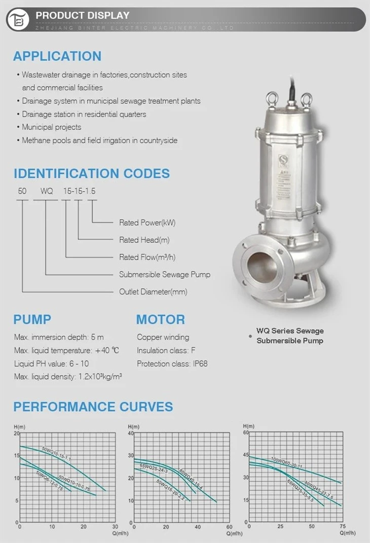 Professional 50WQ15-20-2.2S Submersible Stainless Steel Sewage Drainage Water Pump